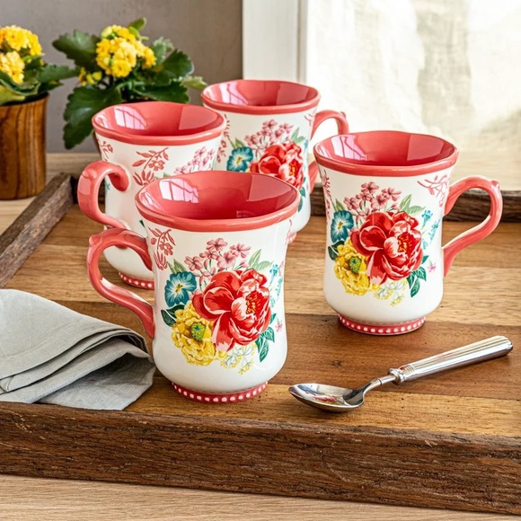 🌺 New Pioneer Woman 2022 Fancy Flourish Pink 18-Ounce Stoneware Mugs, Qty 4 - Picture 5 of 10